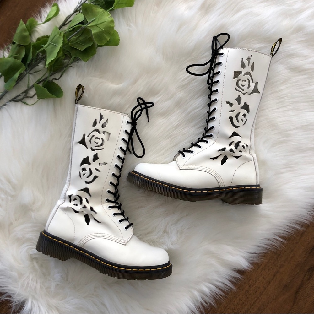 Dr Martens Rosie White 14 Eye Laser Cut Boots Rose